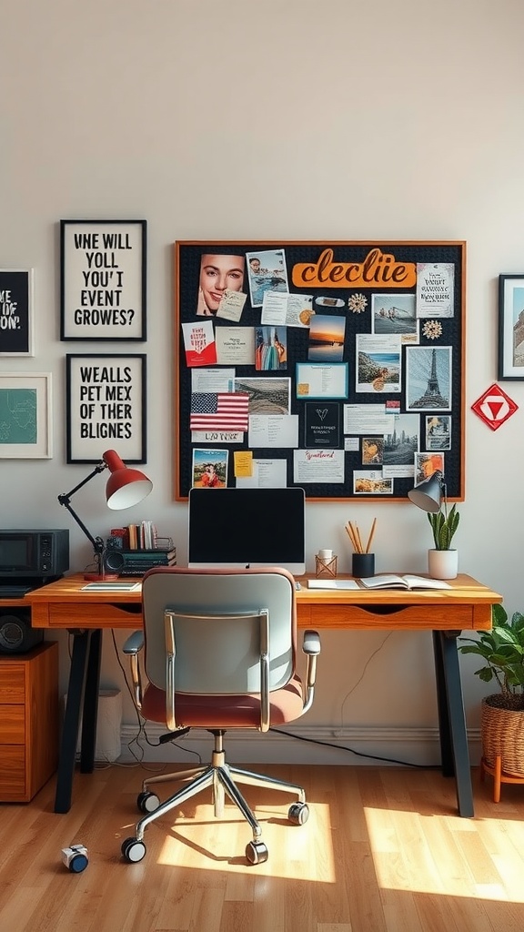 A cozy desk setup featuring a vision board with quotes and images, surrounded by simple wall art.