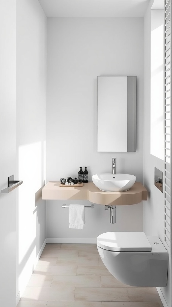 A modern small space bathroom featuring a floating vanity, sink, and minimalistic design.