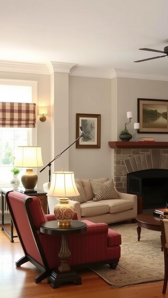 Cozy living room with layered lighting featuring lamps and a warm color palette.