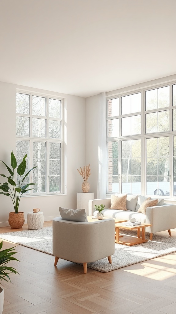 A bright and airy living room with large windows, light furniture, and plants.