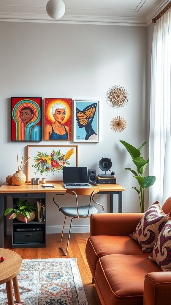 A cozy living room workspace features colorful art on the walls, a wooden desk with a laptop, and a comfortable chair.