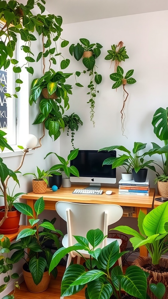 A cozy desk setup surrounded by various greenery and plants, featuring a computer and books.