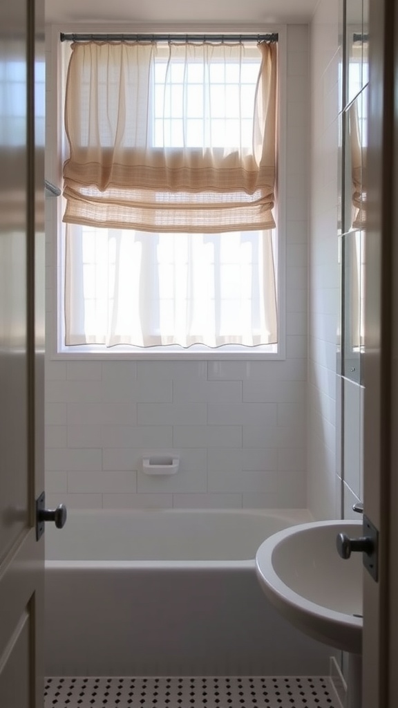 A bright small bathroom featuring sheer window treatments allowing natural light.