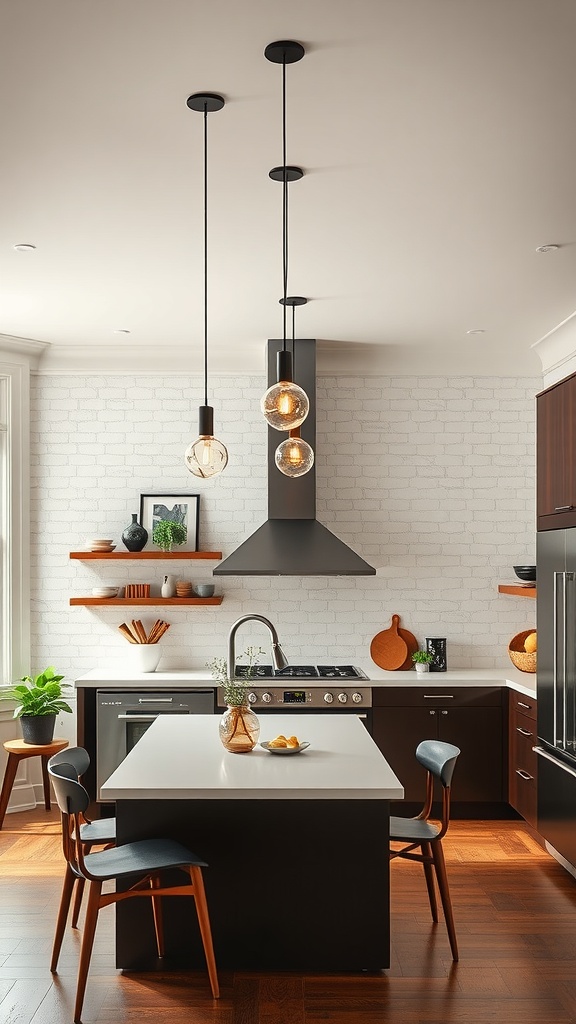 Kitchen island with mid-century modern pendant lights