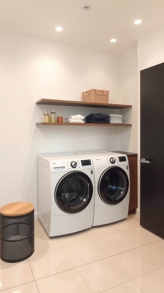 A minimalist laundry room featuring stacked washer and dryer with shelves above for storage.