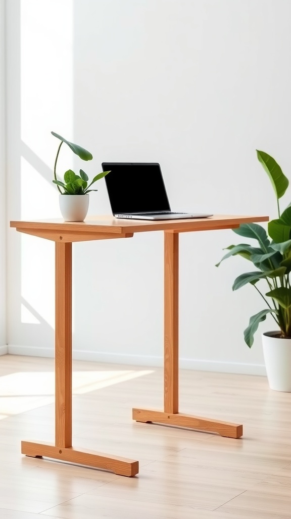 A minimalist natural wood standing desk with a laptop and a potted plant.