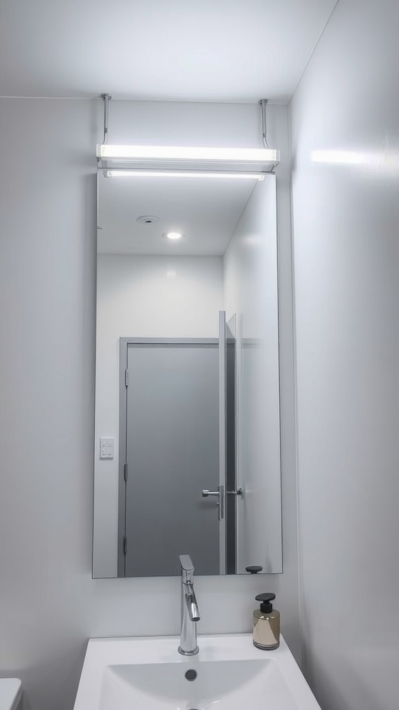 Modern bathroom with minimalist LED strip lighting above the mirror