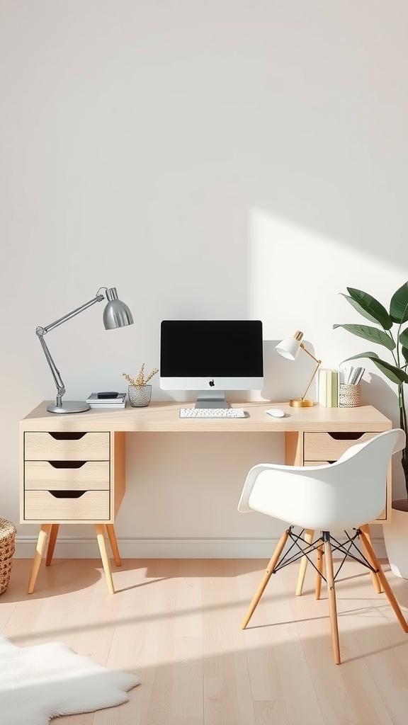 A minimalist Scandinavian style home office featuring a simple wooden desk, a computer, and a stylish chair, surrounded by plants.