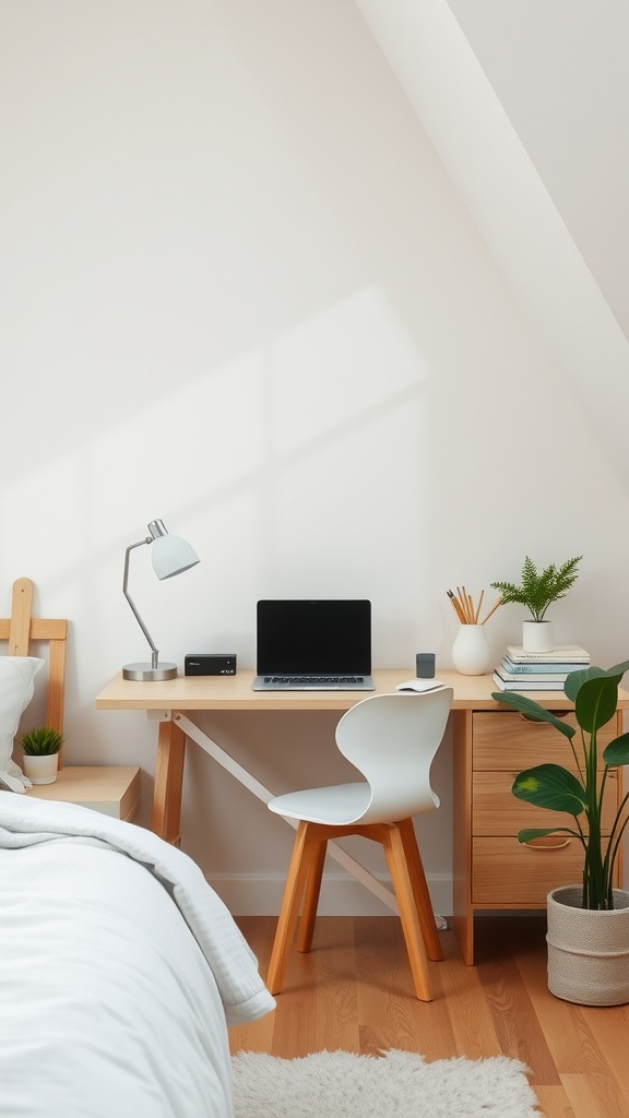 A minimalist Scandinavian workspace featuring a wooden desk, a laptop, a lamp, and plants.