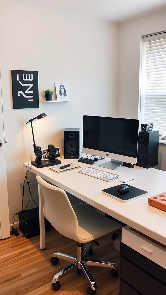 A modern bedroom desk setup featuring a computer, speakers, and minimal decor.