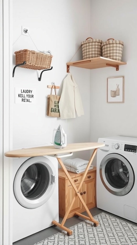 A compact laundry room with a folding ironing board, wall shelves, and two washing machines.