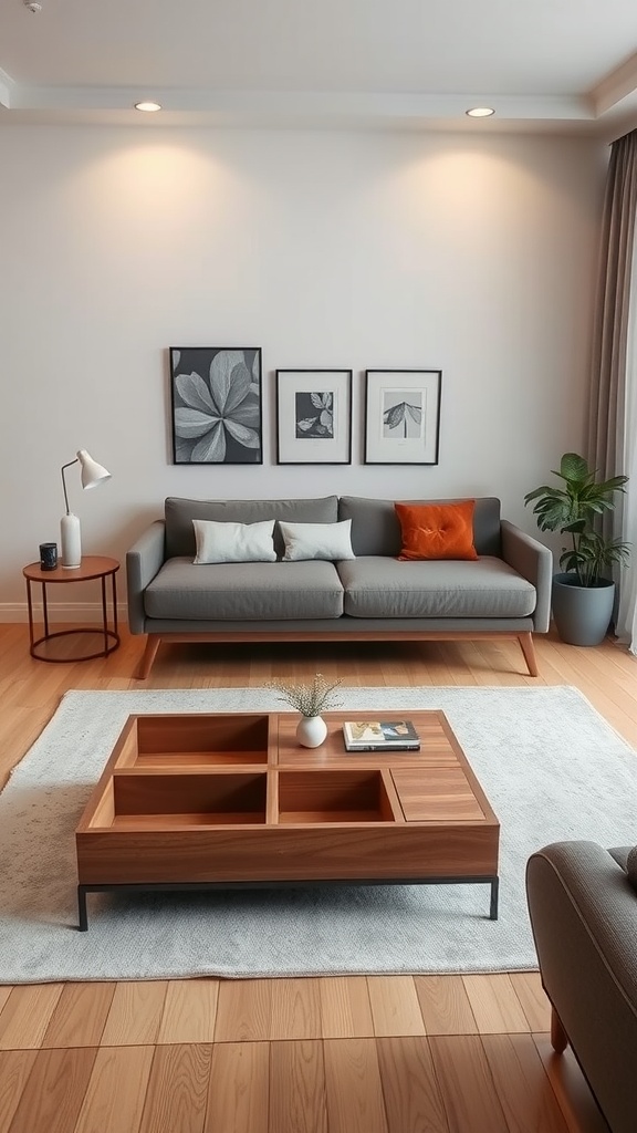 A cozy living room featuring a gray sofa, stylish coffee table with storage, and decorative plants.