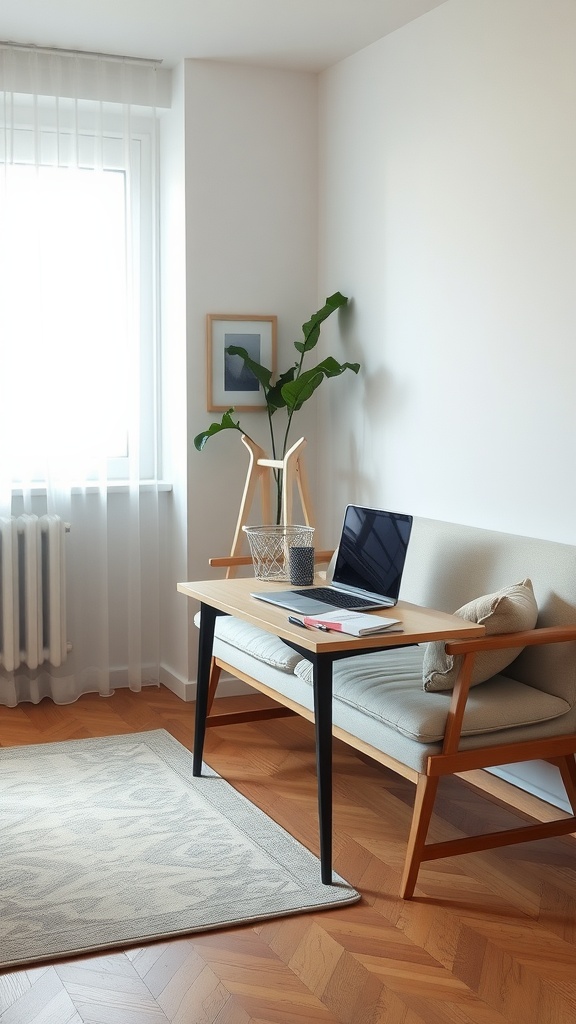 A cozy living room setup featuring multifunctional bench seating with a laptop on a table.