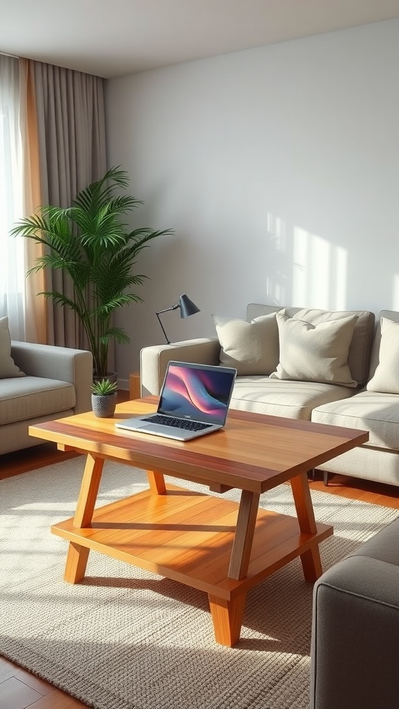 A stylish coffee table with a laptop on it in a cozy living room setting.