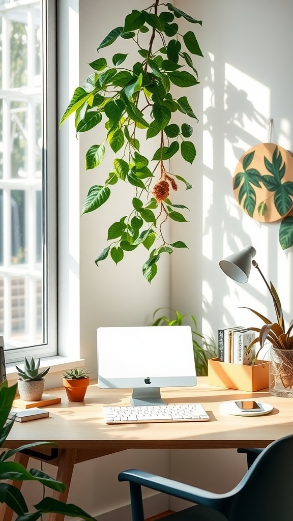 A home office with a wooden desk, computer, and various plants, showcasing a bright and natural atmosphere.