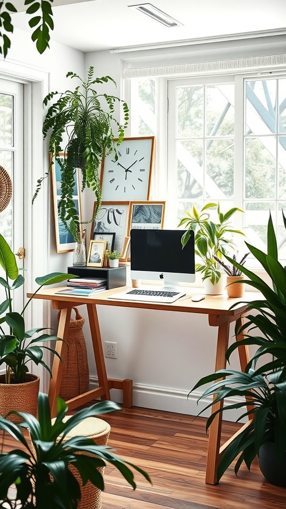 A workspace with a wooden desk surrounded by various houseplants, featuring a computer and decorative items.