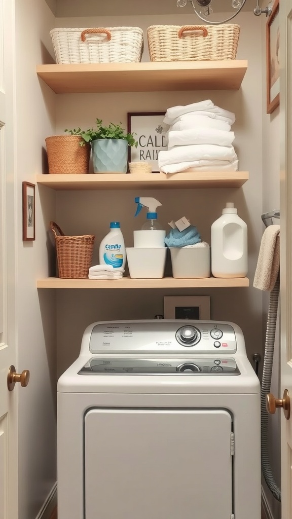 A small laundry room with open shelving displaying storage baskets, plants, and neatly folded towels above a washer and dryer.