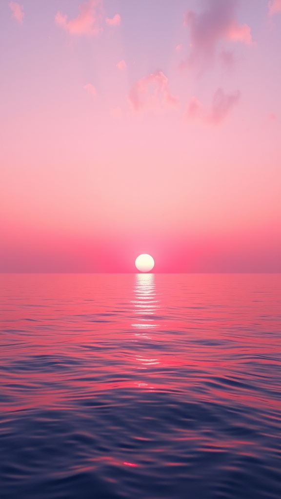 A serene pink sunset over calm ocean waters, perfect for desktop wallpaper.