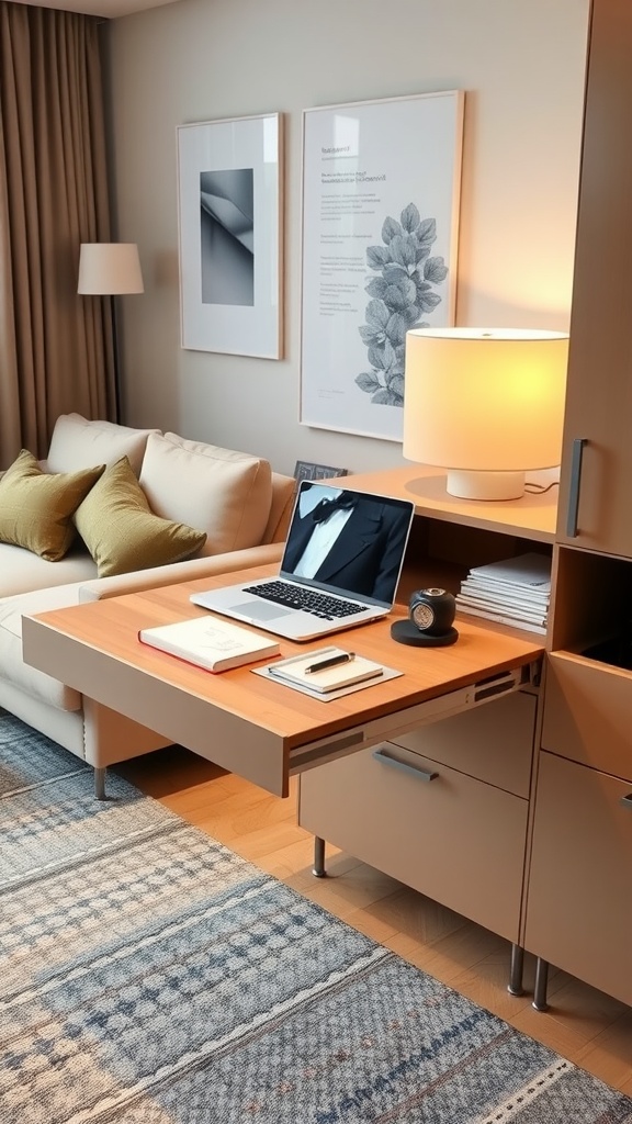 A modern living room featuring a pull-out desk from a cabinet with a laptop and office supplies.