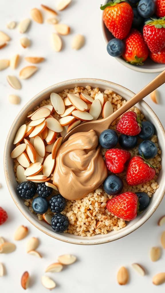 A quinoa breakfast bowl topped with almond butter, fresh berries, and sliced almonds.