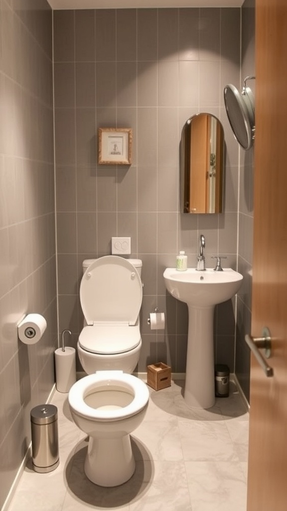 Compact bathroom fixtures in a small space bathroom.