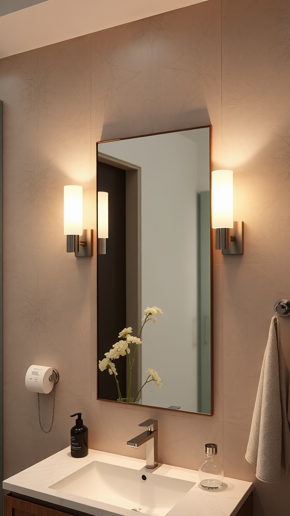 Stylish bathroom with sleek wall-mounted sconces and modern fixtures.