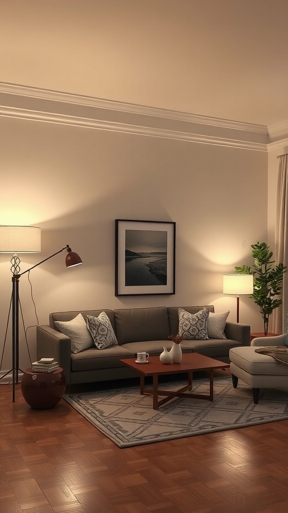 A cozy small living room with a sofa, coffee table, and various lighting options.