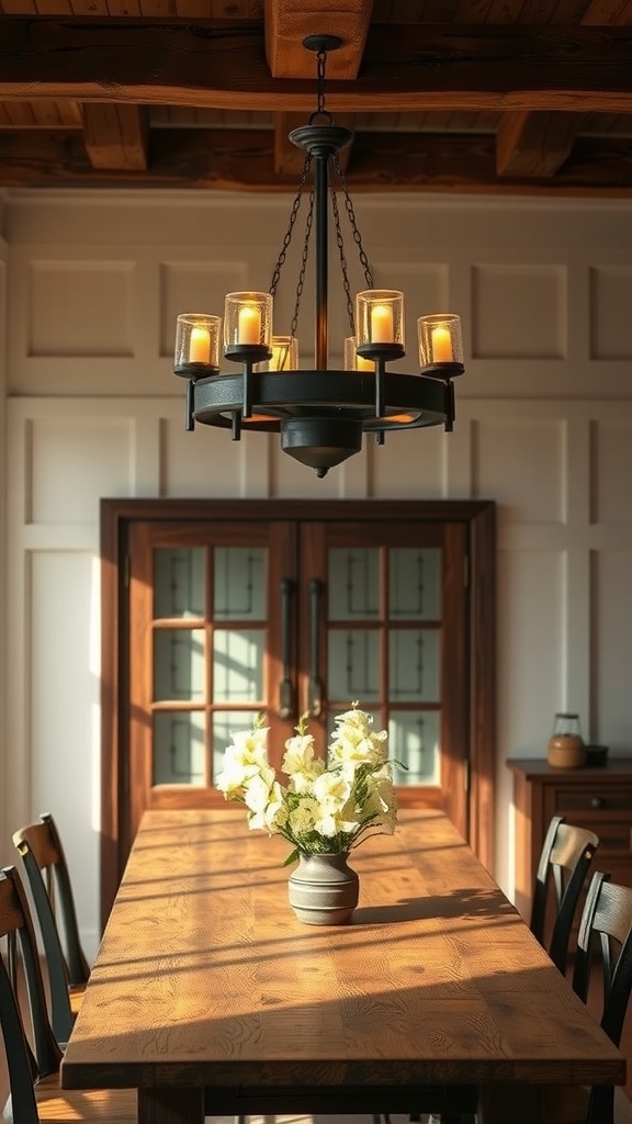 A beautiful chandelier with candle-like lights hanging above a wooden dining table with a vase of flowers.