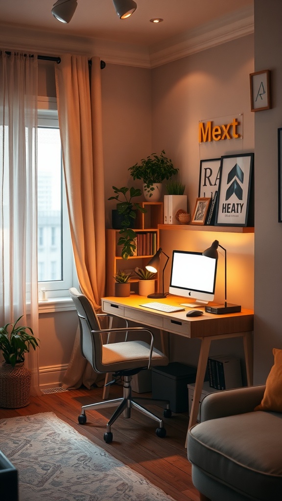 A cozy corner desk in a living room with a computer, plants, and warm lighting.