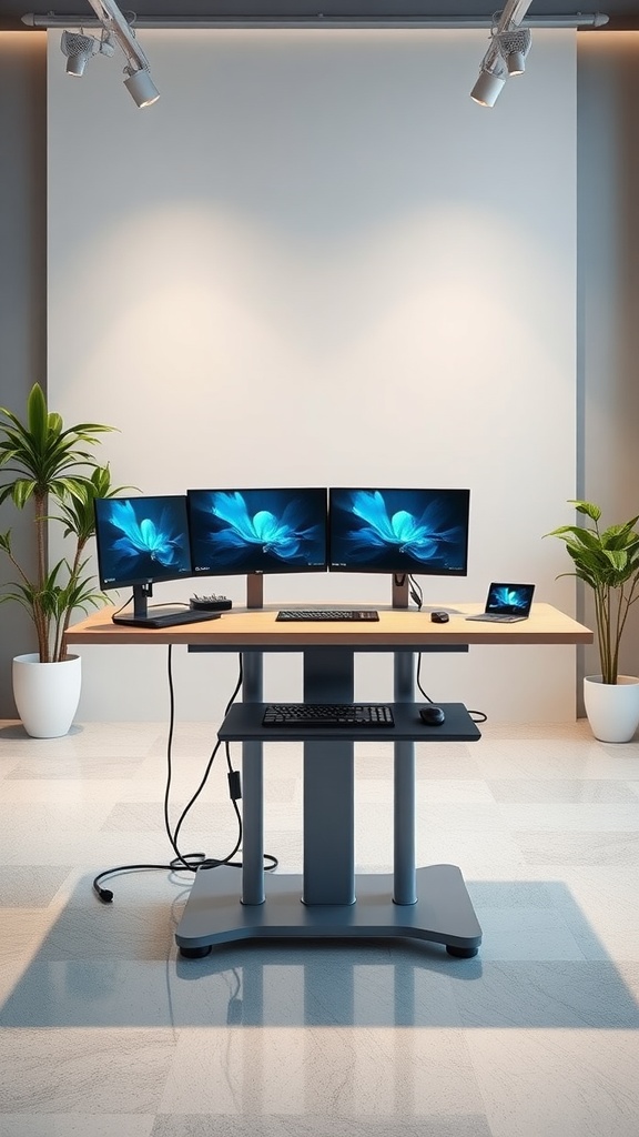 A modern standing desk setup with multiple monitors and a clean workspace.