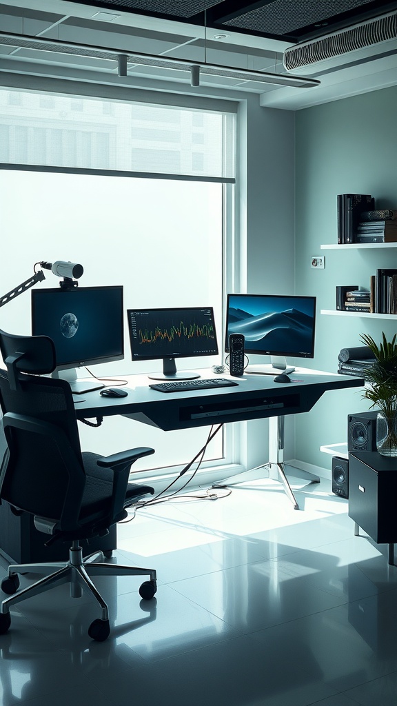 A modern home office setup featuring two monitors, a stylish desk, and an ergonomic chair.