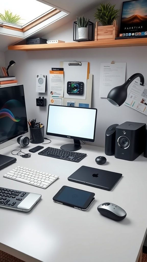 A modern desk setup featuring a computer, wireless devices, and plants.