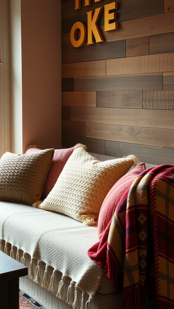 Cozy sofa with textured pillows and a warm throw blanket against a wooden wall.