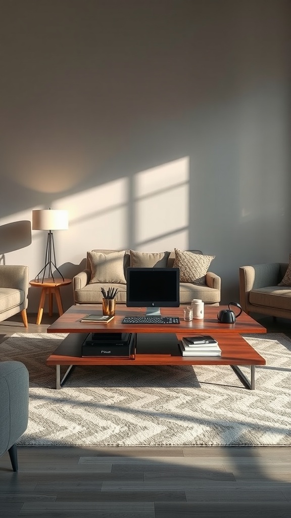 A modern living room featuring a coffee table workspace with a laptop and stationery.