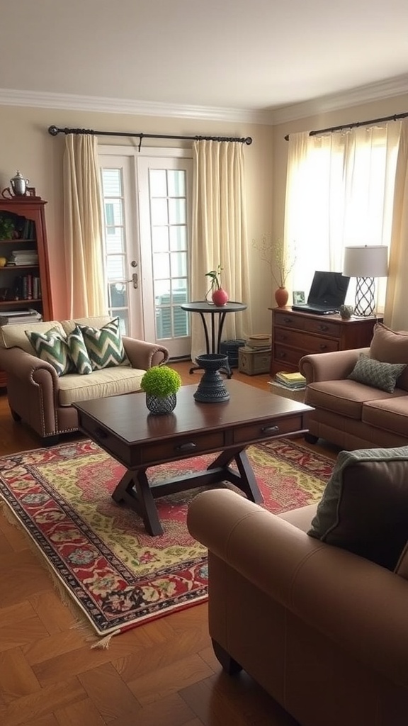 Cozy living room with beige sofas, a wooden folding table, and large windows.