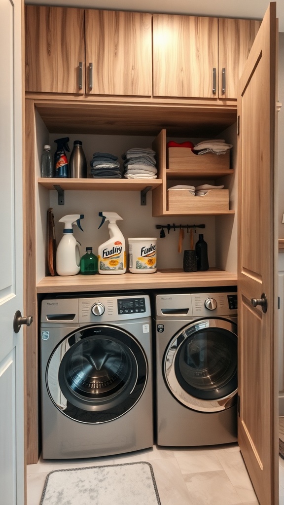 A compact laundry room with stacked washer and dryer, featuring hidden storage compartments.