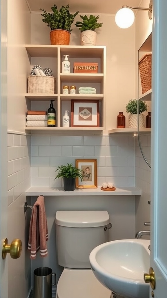 Small bathroom with vertical storage solutions including shelves and plants.