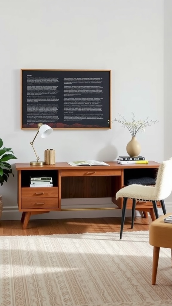 A stylish wooden desk with storage drawers and shelves, placed in a cozy living room setting.