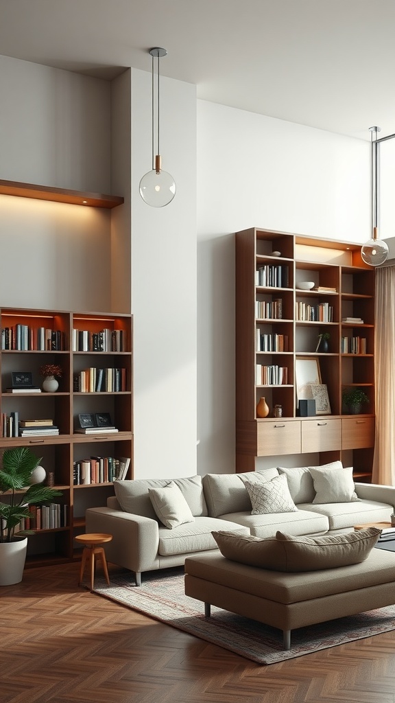 A stylish small living room featuring tall bookshelves and cozy furniture.