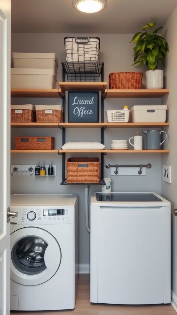 A compact laundry room featuring vertical shelving with baskets and a plant.