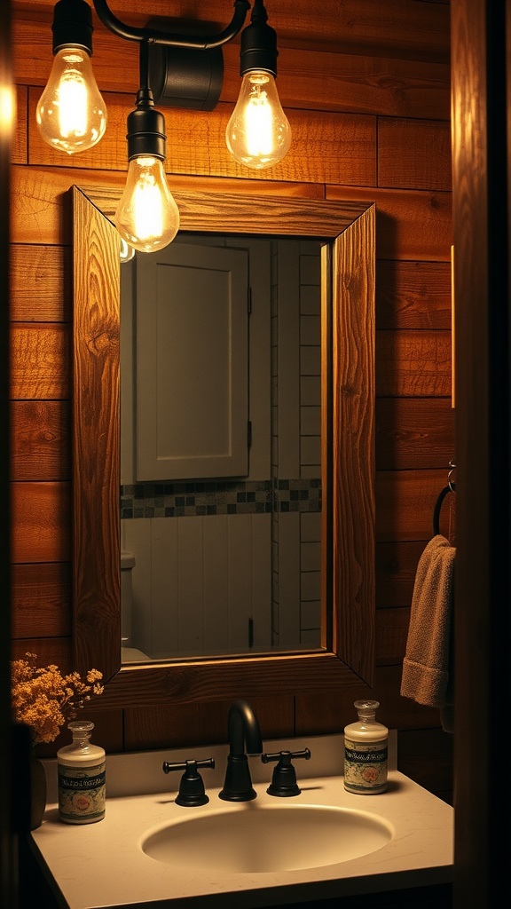 Vintage Edison bulb fixtures illuminate a bathroom mirror above a sink.