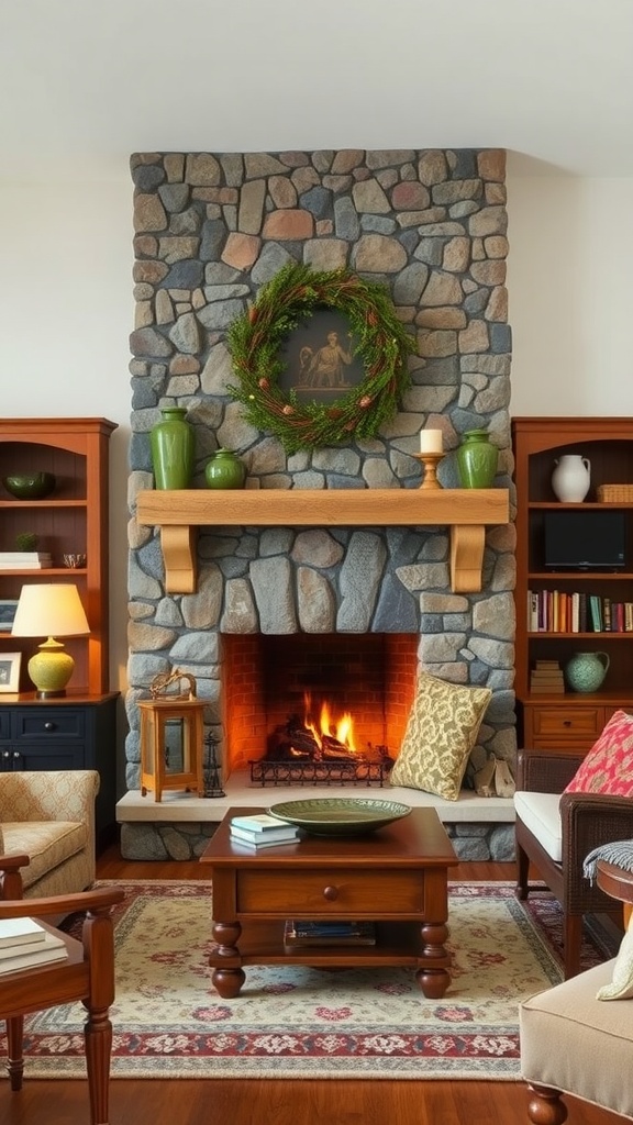 A cozy living room featuring a stone fireplace with a wooden mantel and warm decor.