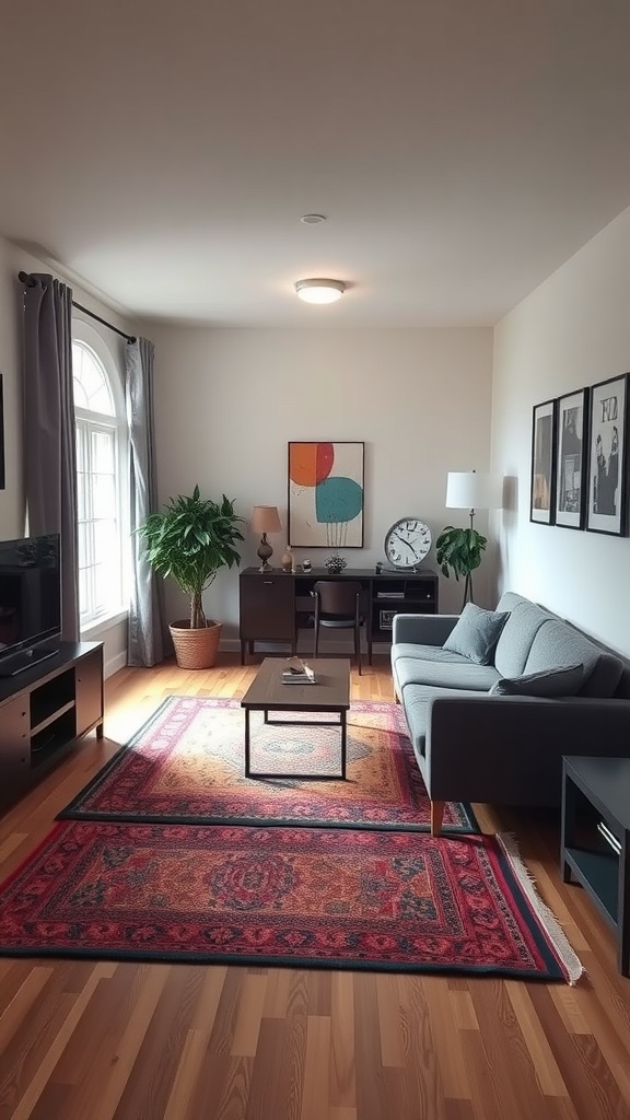 A cozy living room with two area rugs, a grey sofa, and decorative elements.