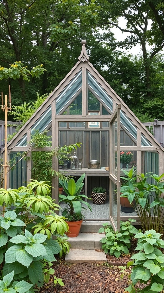 A-frame greenhouse surrounded by lush greenery and plants.