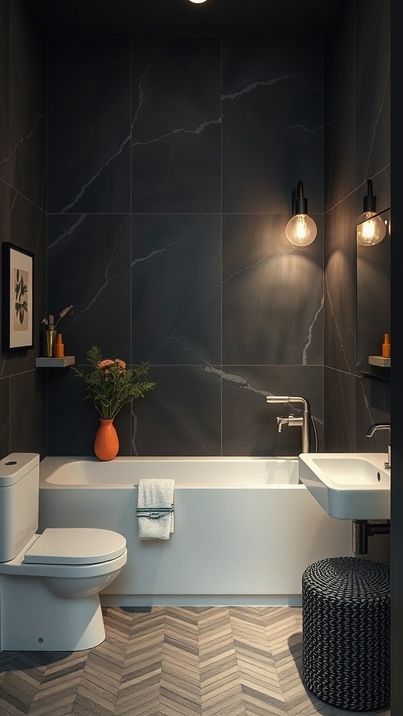 A stylish bathroom featuring a charcoal accent wall, white bathtub, and modern fixtures.