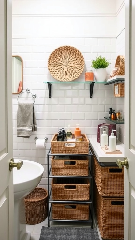 Stylish compact bathroom with decorative storage solutions including baskets and shelves.