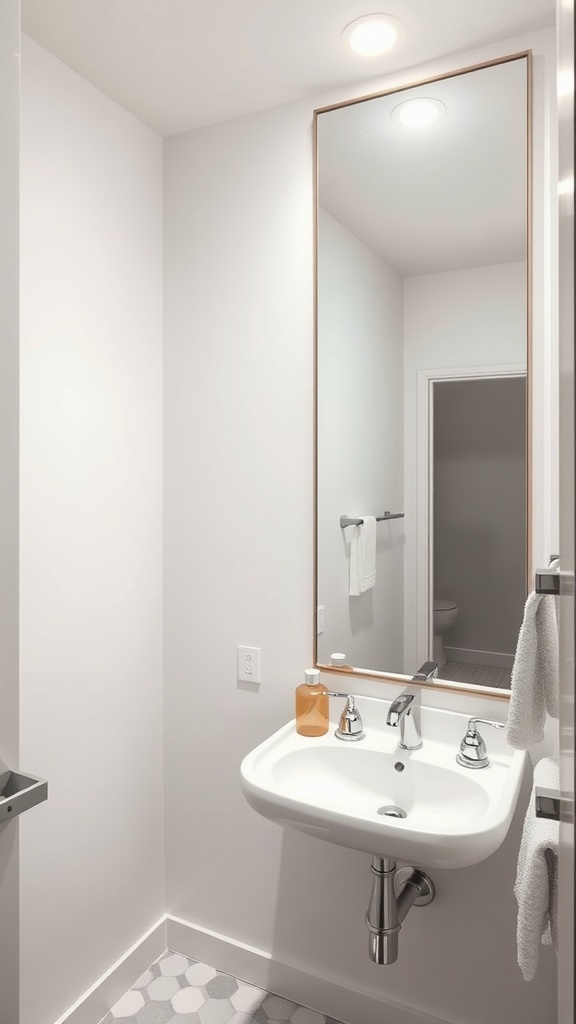 A modern small bathroom with a large mirror above the sink, reflecting light and enhancing the sense of space.