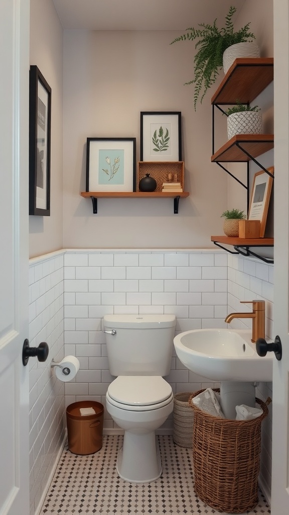 A small bathroom featuring vertical elements like shelves with plants and framed artwork.