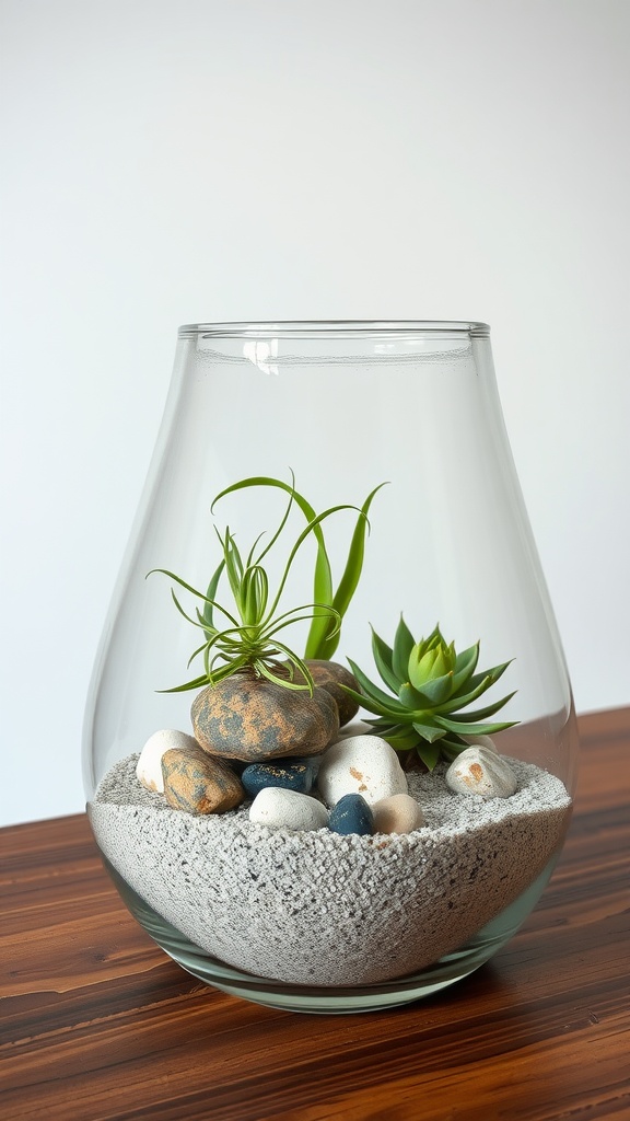 A beautiful air plant terrarium with rocks and plants.