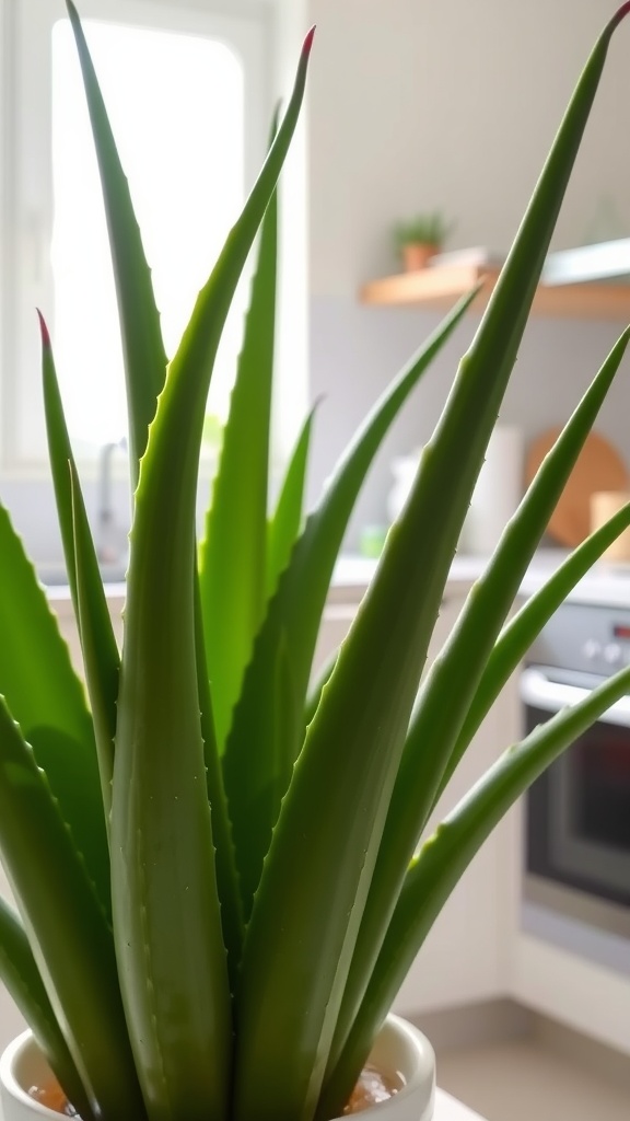 Aloe vera plant with tall green leaves in a bright indoor setting